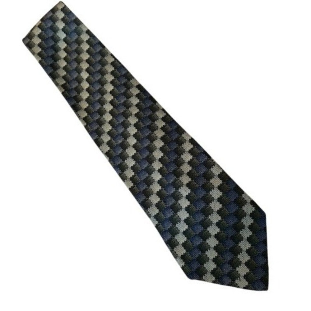 Bugatti Mens Silk Necktie Blue Grey Black Geometric Woven Check Pattern 4 Inch